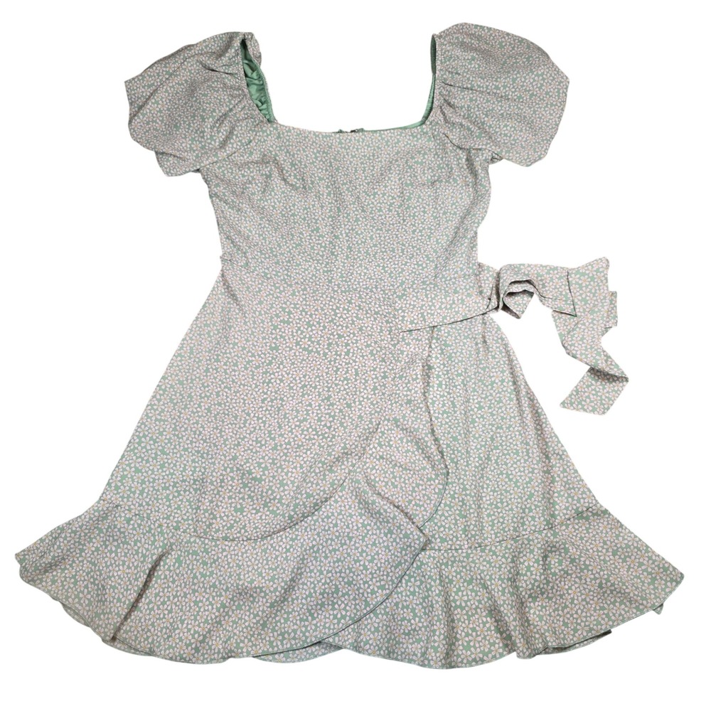 Row A Women Green Pink Floral Puff Sleeve Faux Wrap Mini Dress Ruffled Hem S NEW